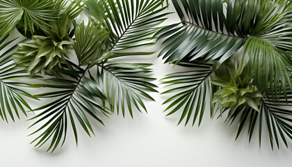 Canvas Print - Green palm tree leaves create a tropical summer backdrop generated by AI