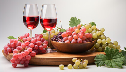 Wall Mural - Fresh grape bunches on wooden table, nature gourmet wine generated by AI