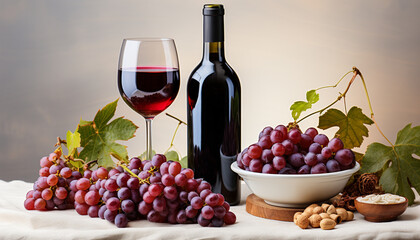 Wall Mural - Fresh grape on wooden table, nature wine in autumn generated by AI