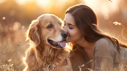 woman kissing her pet dog. 