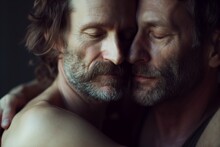 Closeup Portrait Of Two Middle-aged Bearded Or Unshaved Gay Men Hugging, Comforting One Another Or Just In Love. Their Eyes Are Shut, They Feel Close, Have An Intimate Bond. Homosexual Life Partners.