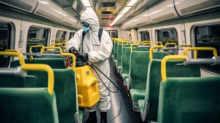 Wall Mural - A specialist in a protective suit does cleaning and disinfection in crowded places during the epidemic of the virus. Prevention of infections, epidemics and various insect pests on a public bus.