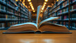 Education learning concept, open book or textbook in the serene setting of a well-stocked library, reading, study and research, world of knowledge at school or university