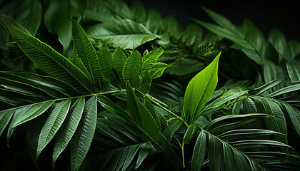 Poster - Fresh green leaves in a vibrant tropical rainforest, close up beauty generated by AI