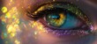 © QuietWord - closeup woman eye wearing iridescent gradient glow metallic colorful make up , Generative Ai