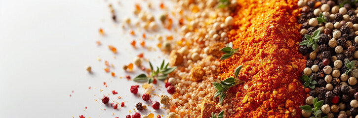Wall Mural - Assorted spices on white background. Delicious food ingredients, cooking concept