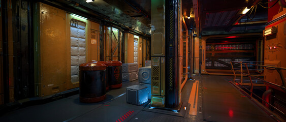 Wall Mural - Storage room in a fantasy future cyberpunk space station. Wide cinematic 3D illustration.