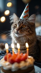 Wall Mural - A cat sitting in front of a birthday cake with lit candles