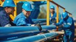 © sambath - Photo of smiling workers at a sea cost line in light blue overalls sunny weather assembling blue metal tubes