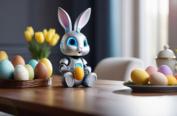 Wall Mural - A small robot Easter bunny sits on the Easter holiday table, holding a beautiful Easter egg in his hands