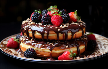 Homemade delicious food with a donut dish and strawberries on a plate