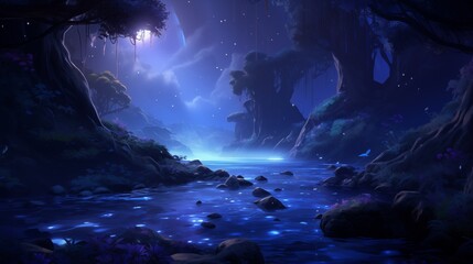 Wall Mural - a blue river in a forest with glowy light