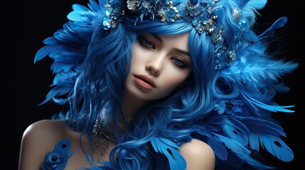 Wall Mural - A beautiful girl with blue hair and feathers in them