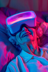 Wall Mural - An old woman in a VR helmet. Virtual reality. Neon colors.