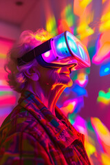 Wall Mural - An old woman in a VR helmet. Virtual reality. Neon colors.