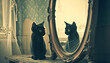 A mirror reflects the image of a black cat - a symbol often associated with superstition and varying luck depending on the culture - wide format