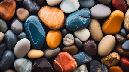  Close-up of colorful polished pebbles, close-up of stone