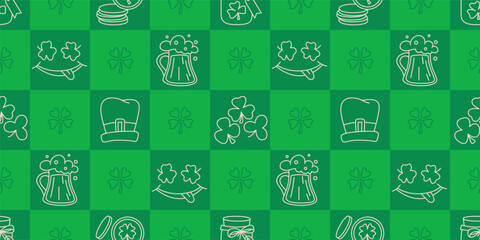 Wall Mural - St Patricks Day funny seamless pattern with a checkered green background and cute hand-drawn Irish holiday icons, symbols, and elements.