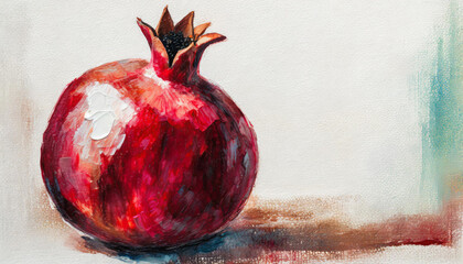 Oil painting of a pomegranate on pure white canvas, copyspace on one side