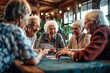 © Pixel Quest - Candid shot of seniors in a lively social activity, playing cards and laughing, capturing the joy of leisure in retirement, Generative AI