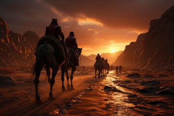 Wall Mural - camel trekking in Africa at sunset. generative ai