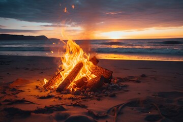 Wall Mural - A beachside bonfire during the golden hour