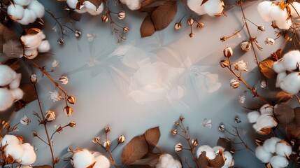 Wall Mural - Cotton flowers and leaves in double exposure form a frame for greeting card template, with space