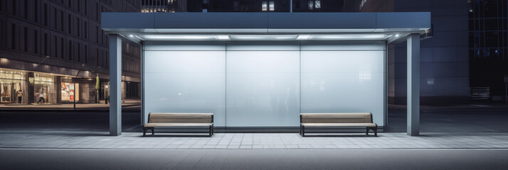 Empty white modern street billboard mockup. Bus stop in a city at night