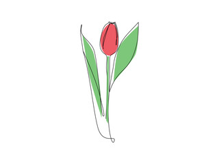 Wall Mural - Tulip one line drawing. Flower one line. Abstract flower continuous line. Minimalist contour drawing of tulip. Continuous line drawing of flower tulip. Hand drawn sketch of flower with leaves.