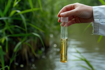 Sample collection of muddy water in clear test tube. Concept of saving nature