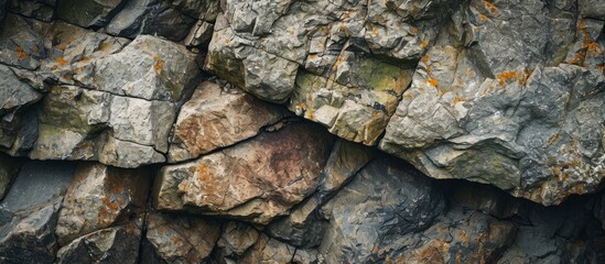 a close up of a rock wall with a lot of rocks . High quality