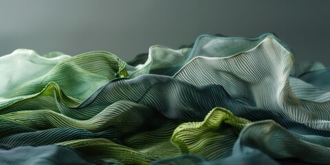 Poster - Green textiles silk in wave-like patterns, serene gray backdrop, captivating interplay of hues and textures.