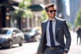 Fototapeta Do przedpokoju - Happy business man in classic suit and sunglasses walks along city street on summer day. Successful and confident man 40-45 years old.