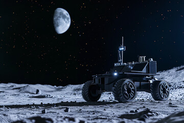 Poster - a futuristic lunar rover autonomously exploring the dark side of the moon. 