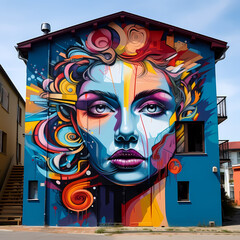 Canvas Print - Colorful street art mural on a city wall. 