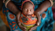 African newborn baby holding in hands. Generative AI.