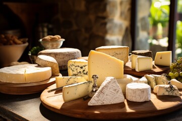 A wooden table with a tray of artisan cheeses