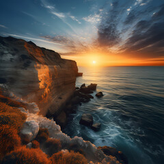 Sticker - Panoramic view of a coastal cliff at sunset. 