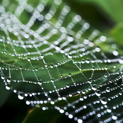 Wall Mural - Macro shot of a dew-covered spider web.