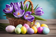 Easter postcard with crocus flowers and painted eggs in a basket on table.