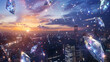Shimmering diamonds raining down amidst skyscrapers illuminating a bustling cityscape under the twilight sky