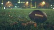 American football ball on a playing field at night
