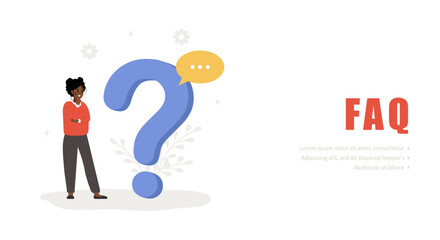 Wall Mural - frequently asked questions concept. african woman with large question mark search for answers. custo