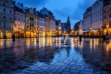 A City Square Bathed In The Soft Hues Of Blue Hour