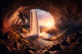 Fototapeta Natura - Generated image a view of a waterfall from inside a cave, solar eclipse in iceland, sunset light, very beautiful photo, wide shot photo, vacation photo