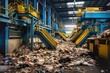 Industrial interior of a waste recycling plant. Recycling, sorting and processing of waste in a factory. Recycling concept