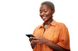 © Suresh/peopleimages.com - Woman, cellphone and texting for social media communication or search, meme or laugh. Black person, smartphone and isolated transparent png background or online notification, network or conversation
