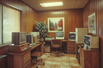 1980 interior office with computers and desk