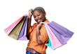 © Suresh/peopleimages.com - Bags, excited and black woman in portrait, shopping and isolated on transparent png background. Happy female person, sale and discount for luxury items, customer and smile for promo or ecommerce