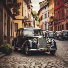 Wall Mural - A vintage car parked on a cobblestone street.